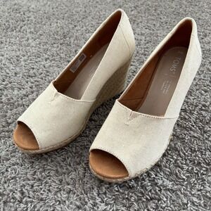 TOMS Wedge Heels Peep Toe Espadrille‎ Canvas Women's Shoes Size 8M